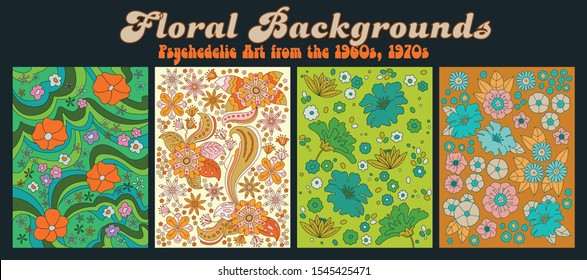 Floral Backgrounds, Cover Templates Psychedelic Art Style from the 1960s, 1970s