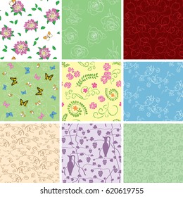 floral backgrounds with flowers - vector seamless patterns. For cover, textile, wrapping paper, wallpaper