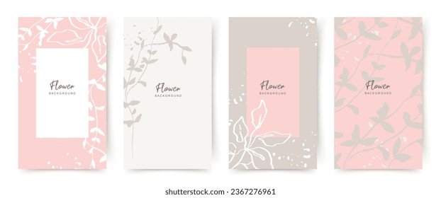 Antecedentes florales con flores dibujadas a mano en estilo de arte lineal en colores rosados. Plantilla editable de banner vectorial con patrón botánico, invitación casada, marco para publicación de medios sociales, tarjeta, portada, afiche