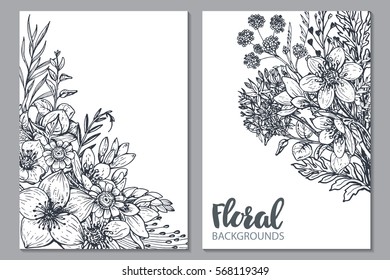 Floral backgrounds with hand drawn flowers and plants. Monochrome vector illustration in sketch style.