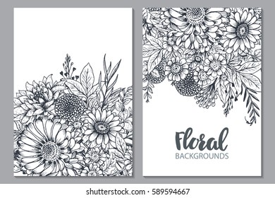 Floral backgrounds with hand drawn flowers and plants. Monochrome vector illustration in sketch style