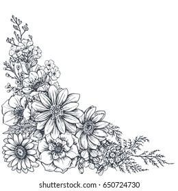 Floral backgrounds with hand drawn flowers and plants. Monochrome vector illustration in sketch style.