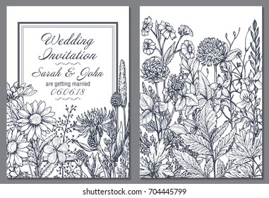 Fondos florales con hierbas y flores silvestres dibujadas a mano. Ilustración vectorial monocroma en estilo de boceto para la invitación de boda.