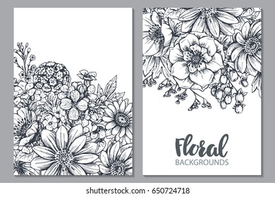 Floral backgrounds with hand drawn spring flowers and plants in sketch style.. Monochrome vector template for greeting cards, invitations