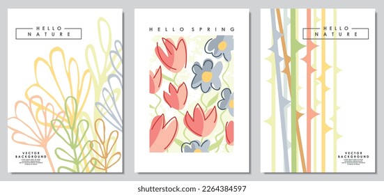 Floral backgrounds with plants and flowers. Spring pattern perfect for seasonal greeting card or wedding invitation. Vector cover, banner or poster illustration.