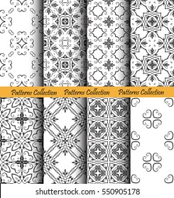 Floral backgrounds set. Forged seamless patterns. Elegant ornament for damask wallpaper, fabric, paper, invitation print. Stylized flower vector. Black and white flourish motif. Unusual vintage vector