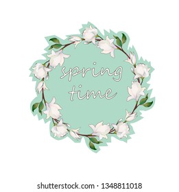 Fondo floral.Ilustración botánica vectorial. Pegatina. Tarjeta de felicitación de plantilla, banner de invitación de boda con flores de primavera. La Magnolia florece. Magnolia en el circo. Vector