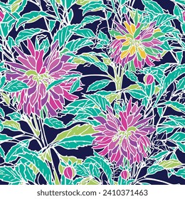 Floral backround. Botanical seamless pattern made of abstract flowers. Colorful big flowers Goof for bedding, textile, fabric, wallpaper.