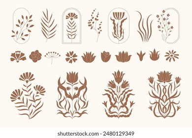 Floral badges. Abstract decorative botanical illustrations floral symbols in minimalistic style recent vector nature objects for logo designs