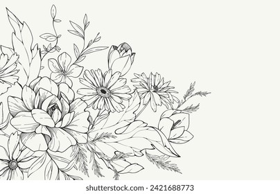 Floral bakground with bouquet of various flowers. Botanical foliage for wedding invitation, wall art or wallpaper. Vector illustration