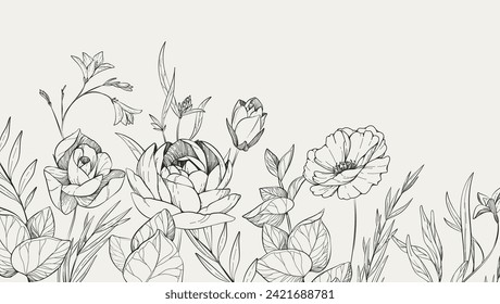 Floral bakground with bouquet of various flowers. Botanical foliage for wedding invitation, wall art or wallpaper. Vector illustration