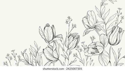 Floral bakground with bouquet of various flowers. Botanical foliage for wedding invitation, wall art or wallpaper. Vector illustration