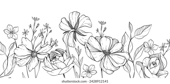 Floral bakground with bouquet of various flowers. Botanical foliage for wedding invitation, wall art or wallpaper. Vector illustration