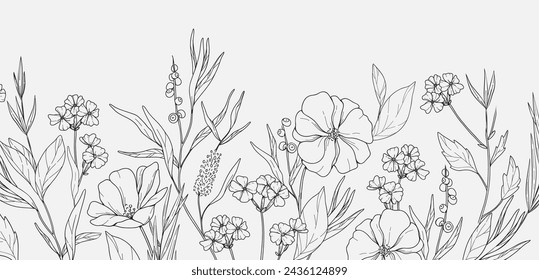 Fondo floral con ramo de varias flores. Follaje botánico para invitación de boda, arte de la pared o papel pintado. Ilustración de vector