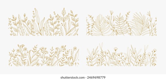 Fondo floral con ramo de varias flores. Follaje botánico para invitación de boda, arte de pared o Fondo de pantalla. Ilustración vectorial. Tinta de lujo