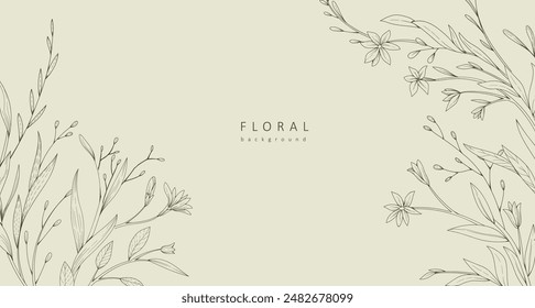 Floral bakground with bouquet of various flowers. Botanical foliage for wedding invitation, wall art or wallpaper. Vector illustration. Luxury inked