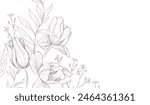 Floral bakground or wallpaper with bouquet of various tulip. Flowers and foliage for wedding invitation or wall art. Vector illustration. Luxury inked