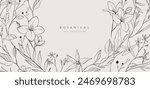 Floral bakground or wallpaper with bouquet of various flowers. Botanical foliage for wedding invitation or wall art. Vector illustration. Luxury inked