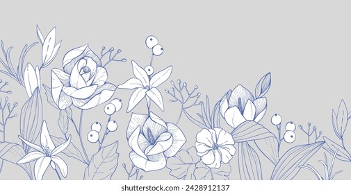 Floral bakground or wallpaper with bouquet of various flowers. Botanical foliage for wedding invitation or wall art. Vector illustration. Luxury inked