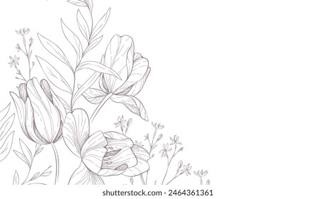 Floral bakground or wallpaper with bouquet of various tulip. Flowers and foliage for wedding invitation or wall art. Vector illustration. Luxury inked