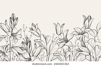 Fondo floral o Fondo de pantalla con ramo de flores diversas. Follaje botánico para invitación de boda o arte de pared. Ilustración vectorial. Tinta de lujo