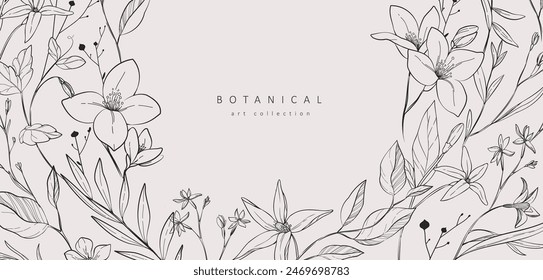 Floral bakground or wallpaper with bouquet of various flowers. Botanical foliage for wedding invitation or wall art. Vector illustration. Luxury inked