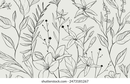 Floral bakground or wallpaper with bouquet of various flowers. Botanical foliage for wedding invitation or wall art. Vector illustration. Luxury inked art