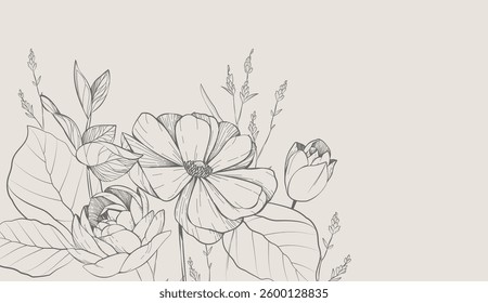 Floral bakground or wallpaper with bouquet of various flowers. Botanical foliage for wedding invitation or wall art. Vector illustration. Luxury inked