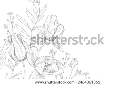 Floral bakground or wallpaper with bouquet of various tulip. Flowers and foliage for wedding invitation or wall art. Vector illustration. Luxury inked