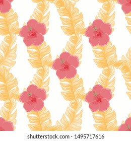 Floral Banana Vector Seamless Pattern. Tropical Hibiscus Flower Leaf Hawaiian Print. Summer Leaves Vintage Exotic Seamless Background.