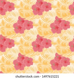 Floral Banana Vector Seamless Pattern. Tropical Hibiscus Flower Leaf Hawaiian Print. Summer Leaves Vintage Exotic Seamless Background.