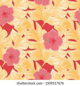 Floral Banana Vector Seamless Pattern. Tropical Hibiscus Flower Leaf Hawaiian Print. Summer Leaves Vintage Exotic Seamless Background.