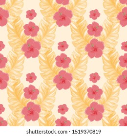 Floral Banana Vector Seamless Pattern. Tropical Hibiscus Flower Leaf Hawaiian Print. Summer Leaves Vintage Exotic Seamless Background.