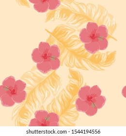 Floral Banana Vector Seamless Pattern. Tropical Hibiscus Flower Leaf Hawaiian Print. Summer Leaves Vintage Exotic Seamless Background.
