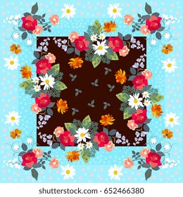 Floral bandanna template with bouquets of gardening flowers.