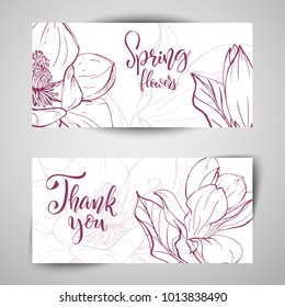 Floral baners. Hand drawn vector botanical illustration. Template greeting card, wedding invitation banner with spring flowers. Sketch linear magnolia blossom.Engraved style illustration.