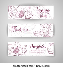 Floral baners. Hand drawn vector botanical illustration. Template greeting card, wedding invitation banner with spring flowers. Sketch linear magnolia blossom.Engraved style illustration.