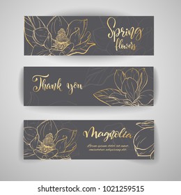 Floral baners. Hand drawn vector botanical illustration. Template greeting card, wedding invitation banner with spring flowers. Sketch linear magnolia blossom.Engraved style illustration.