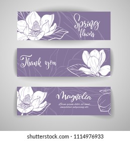 Floral baners. Hand drawn vector botanical illustration. Template greeting card, wedding invitation banner with spring flowers. Sketch linear magnolia blossom.Engraved style illustration.