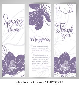 Floral baners. Hand drawn vector botanical illustration. Template greeting card, wedding invitation banner with spring flowers. Sketch linear magnolia blossom.Engraved style illustration.