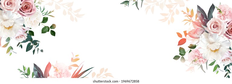 Floral banner arranged from leaves and flowers. Paradise plants, greenery and roses card. Stylish fashion frame. Sunset light. Wedding design. Orange, green, white, pink tones. Isolated and editable