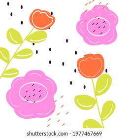 Floral banner arranged from leaves and flowers. minimal background in pink flowers and tropical summer leaf