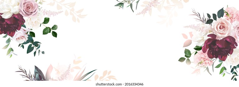 Floral banner arranged from leaves   flowers  Peony  greenery   roses card  Stylish fashion frame  Dusty pink light  Wedding design  Blush  green  white  burgundy tones  Isolated   editable