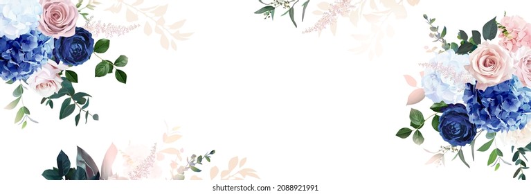Floral banner arranged from leaves and flowers. Hydrangea, greenery and dusty roses card. Stylish horizontal card. Wedding design. Blush pink, green, white, navy blue tones. Isolated and editable