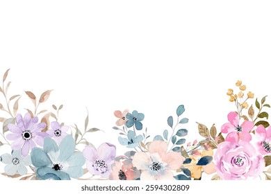 Floral banner arranged from leaves and flowers. Stylish horizontal card. Wedding design. 