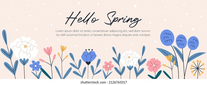 Floral banner or background decorated with gorgeous colorful blooming flowers. Spring botanical vector flat illustration.