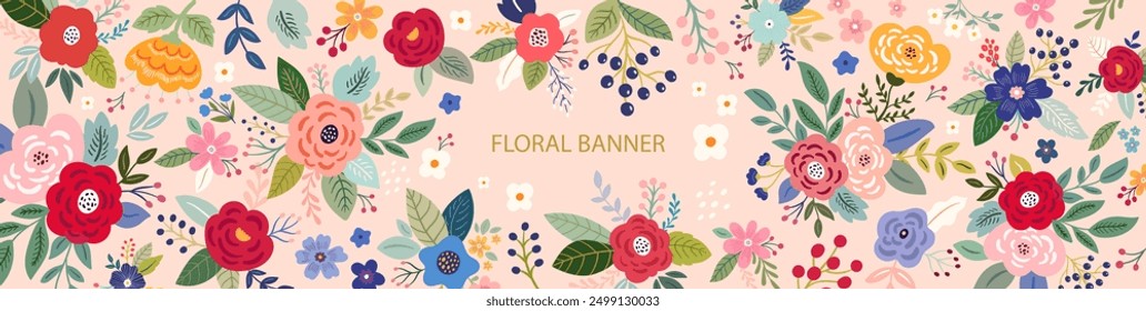 Floral banner. Beautiful romantic flower background with roses, leaves, floral bouquets, flower compositions.