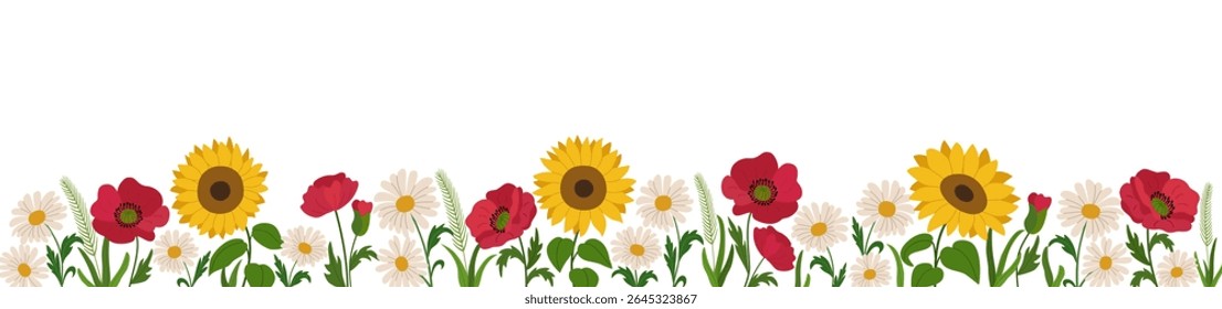 Floral banner with blooming flowers. Beautiful spring summer wild plants. Sunflowers, poppies, chamomiles. Hand drawn vector illustration isolated on white background. Modern flat cartoon style.