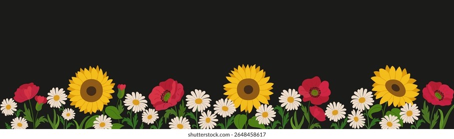 Floral banner with blooming flowers. Beautiful spring summer wild plants. Sunflowers, poppies, chamomiles. Hand drawn vector illustration isolated on black background. Modern flat cartoon style.