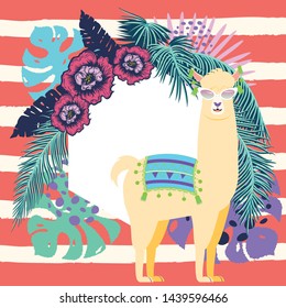 Floral banner with cute llama, tropical leaves and flowers design.